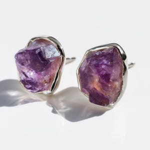 Large Raw Amethyst Earrings • Silver Amethyst Jewelry • February Birthstone • Genuine Natural Amethyst Crystals • Boho Studs