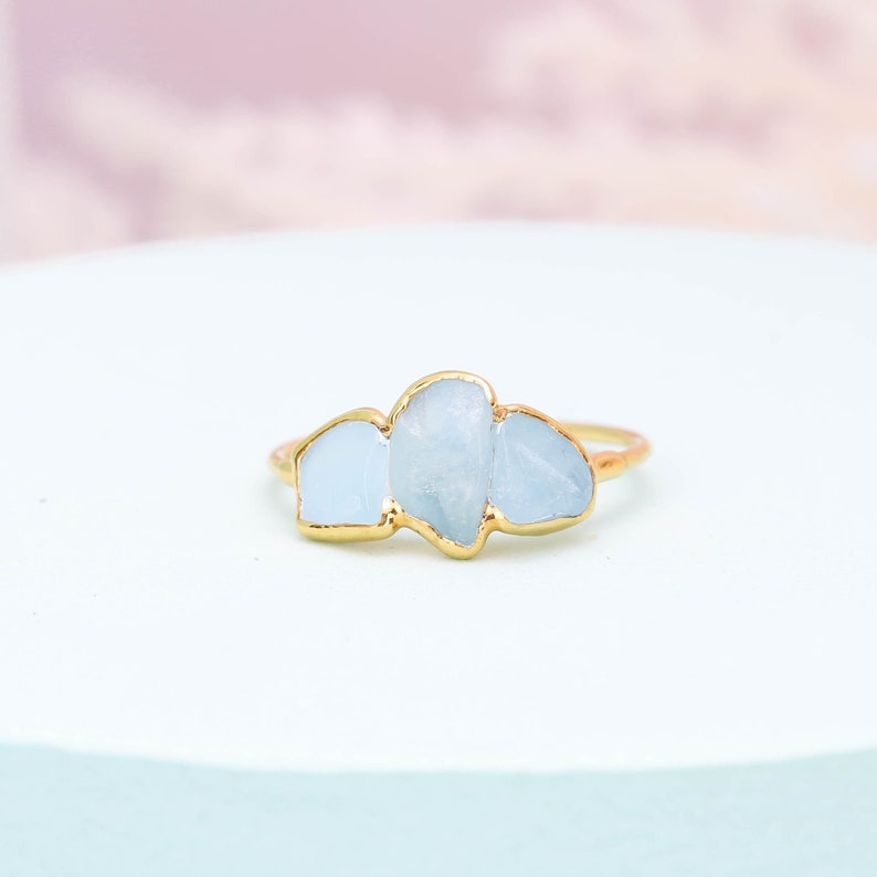 Triple Raw Aquamarine Ring, 24k Gold Dipped, Raw Three Stone Ring, Stackable March Birthstone, Unique Handmade Raw Gemstone Gifts 24k Dip image 1