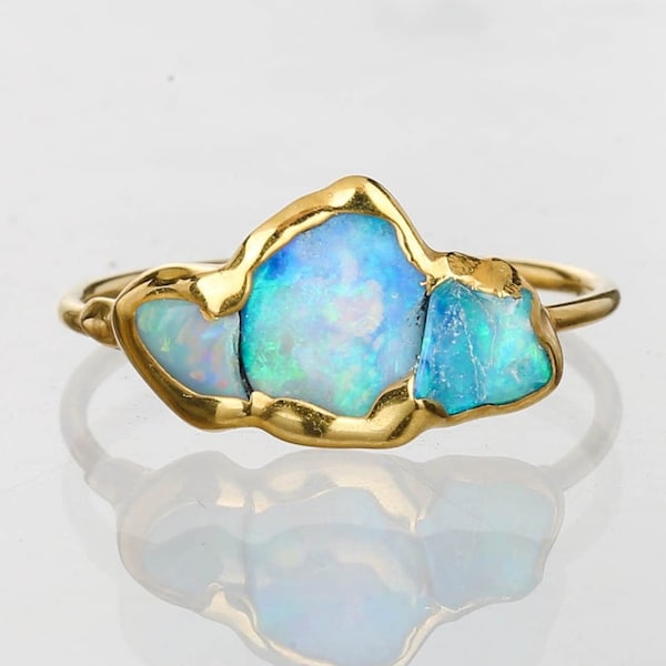 Triple Raw Opal Ring • Gold Gemstone Rings for Women • Natural Australian Opal Engagement Ring • October Birthstone • 24k Dip • by Ringcrush