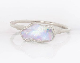 Silver Opal Ring, Gemstone Ring, Stacking Ring, Opal Engagement Ring, Raw Crystal Ring, Blue Opal Ring, October Birthstone, Raw Opal Ring