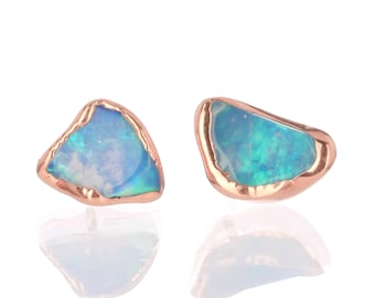 Raw Opal Earrings by Ringcrush • Rose Gold Filled • Blue Opal Studs • Whimsigoth Gemstone Jewelry • October Birthstone • Raw Stone Earrings