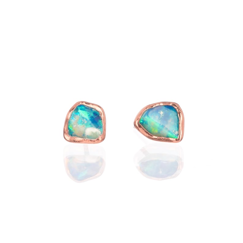 Mini Raw Opal Earrings by Ringcrush 24k Dip Gold Fill Black Australian Fire Opal Cute Mismatched Minimalist Studs October Birthstone image 5