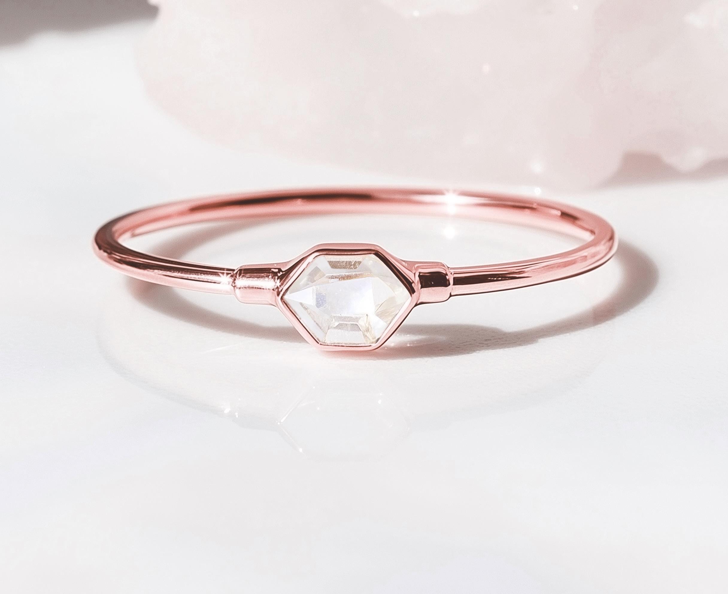 Dainty Herkimer Diamond Ring for Women • Rose Gold • Gifts for Her • April Birthstone • Raw Gemstone • Pink Ring • Boho Cottage Core