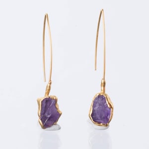 Edgy Gold Large Raw Amethyst Earrings, February Birthstone Earrings, Statement Earrings, Raw  Earrings, Rough Amethyst Earrings  • 24k Dip