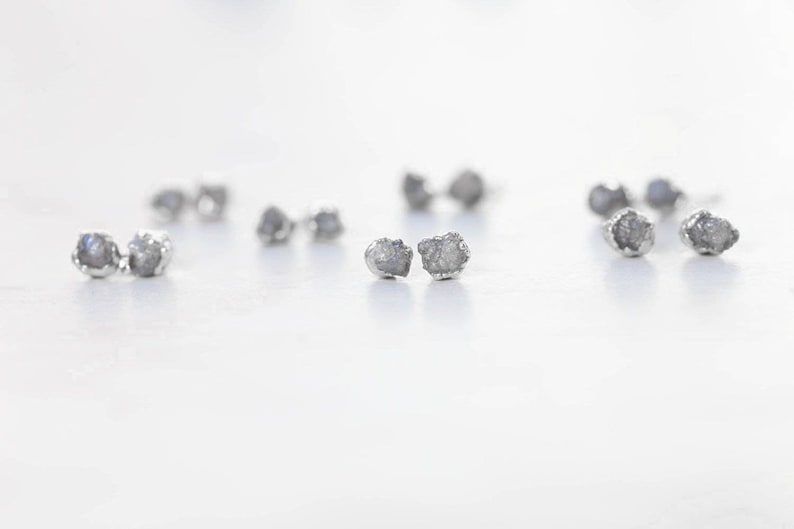 Raw Diamond Earrings, Dainty Earrings, Sterling Silver Earrings, Diamond Stud Earrings, Raw Crystal Earrings, April Birthstone Earrings image 4