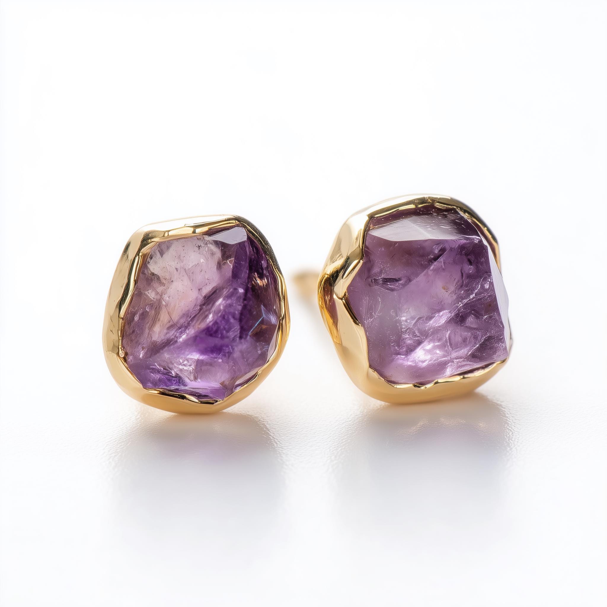 Dainty Raw Amethyst Stud Earrings • Yellow Gold Fill Amethyst Jewelry • February Birthstone • Genuine Natural Amethyst Crystals • Boho Studs