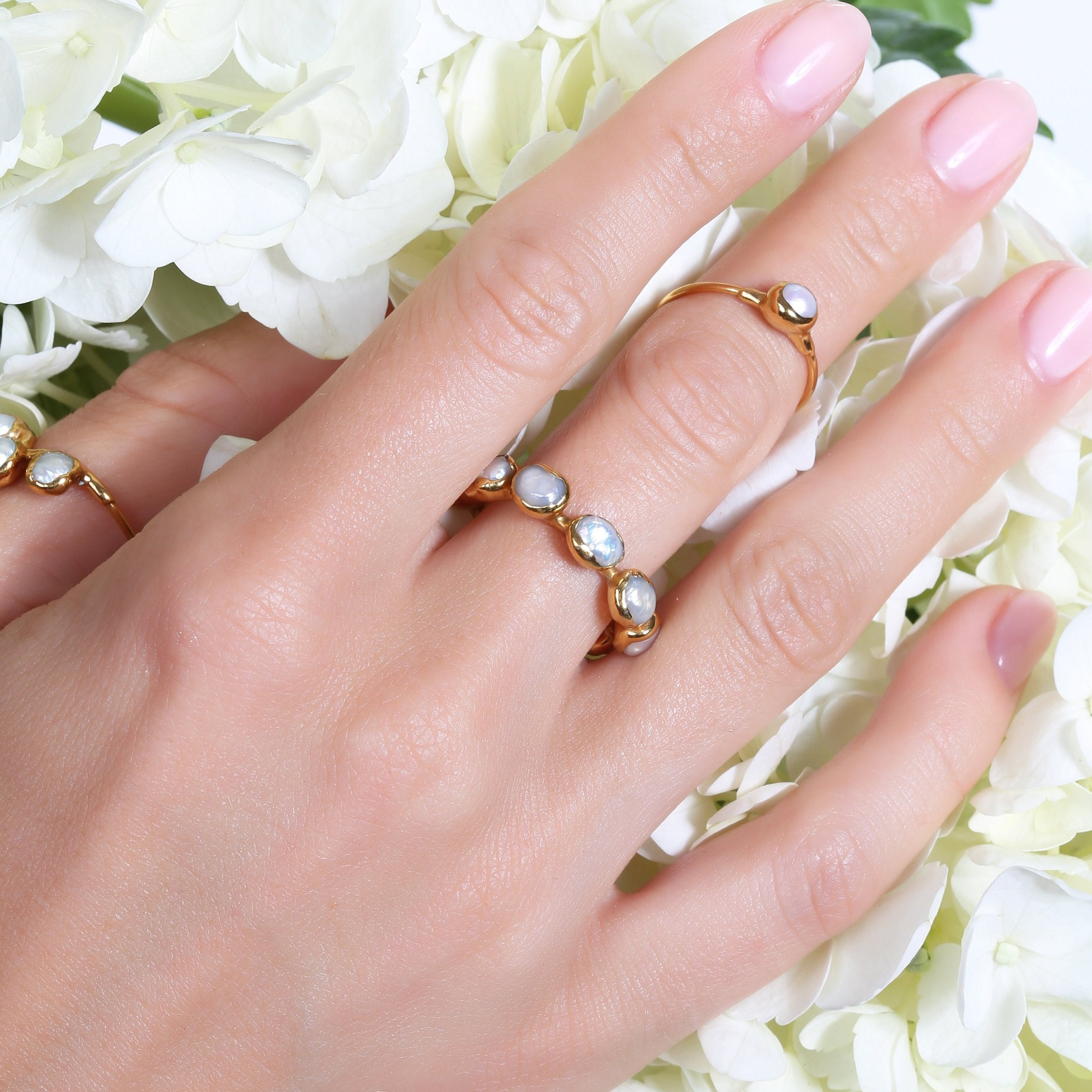 Eternity Raw White Pearl Ring for Women, Gold Ring, June Birthstone, Delicate Stack Ring, Dainty Ring, Eternity Ring, Pearl Wedding