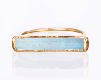 Raw Aquamarine Bar Ring • Gold Filled • Horizontal Stone • Gift for Women • March Birthstone • Perfect Alt Engagement Ring • 24k Dip