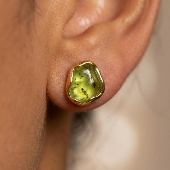 Raw Peridot Stud Earrings - 18k Rose Gold Filled