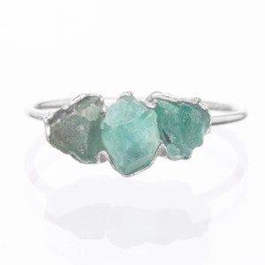 Triple Raw Emerald Ring, Sterling Silver Ring, Raw Stone Ring, May Birthstone Ring, Gemstone Ring, Raw Crystal Ring, Delicate Ring, Boho image 1