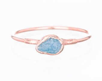 Dainty Raw Aquamarine Ring for Women • Rose Gold • Blue March Birthstone • Pink Ring • Raw Stone Crystal • Boho Cottage Core • Pisces