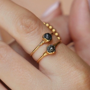Raw Black Diamond Ring • Gold Filled • Genuine Gemstone Stacking Ring • April Birthstone • Witchy Fall Crystal Jewelry • Goth Style • 24k