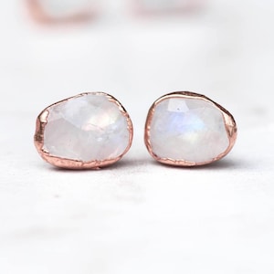 Raw Rainbow Moonstone Stud Earrings Rose Gold Filled June Birthstone Handmade Gemstone Fall Jewelry Whimsigoth 24k Dip Handmade image 1