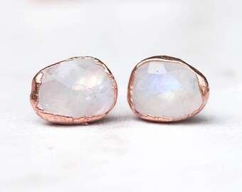 Raw Rainbow Moonstone Stud Earrings • Rose Gold Filled • June Birthstone • Handmade Gemstone Fall Jewelry • Whimsigoth • 24k Dip • Handmade