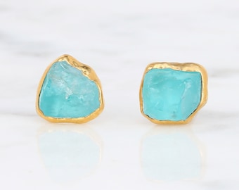 Raw Apatite Earrings • Gold Filled • Whimsigoth Gemstone Studs • Turquoise Colored Summer Aesthetic • Handmade Gifts  • 24k Dip • Handmade