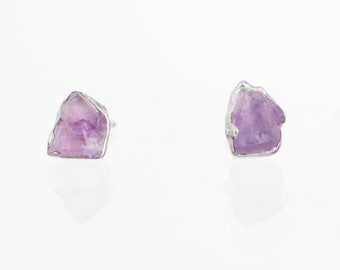 Mini Raw Amethyst Earrings, Sterling Silver February Birthstone Earrings, Tiny Stud Earrings, Dainty Earrings, Raw Crystal Earrings Gift