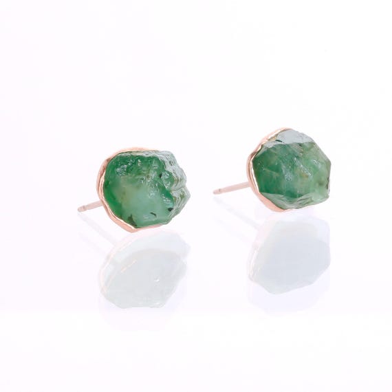 Raw Emerald Stud Earrings - 18k Rose Gold Filled