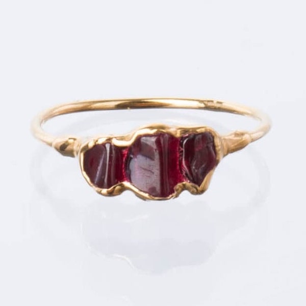 Triple Raw Garnet Ring • Gold Filled Stone Ring • January Birthstone • Capricorn • Handmade Item • Raw Gemstone Crystal • • 24k Dip