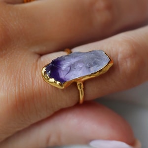 Vertical Raw Amethyst Ring • Gold Filled • Chunky Crystal Gemstone Statement Jewelry • February Birthstone • Whimsigoth Style • 24k Dip