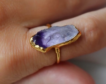 Vertical Raw Amethyst Ring • Gold Filled • Chunky Crystal Gemstone Statement Jewelry • February Birthstone • Whimsigoth Style • 24k Dip