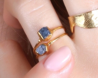 Dainty Raw Sapphire Ring • Gold Fill • Unique Gemstone Ring • September Birthstone • Witchy Fall Crystal Jewelry • 24k Dip • Blue Stone Ring