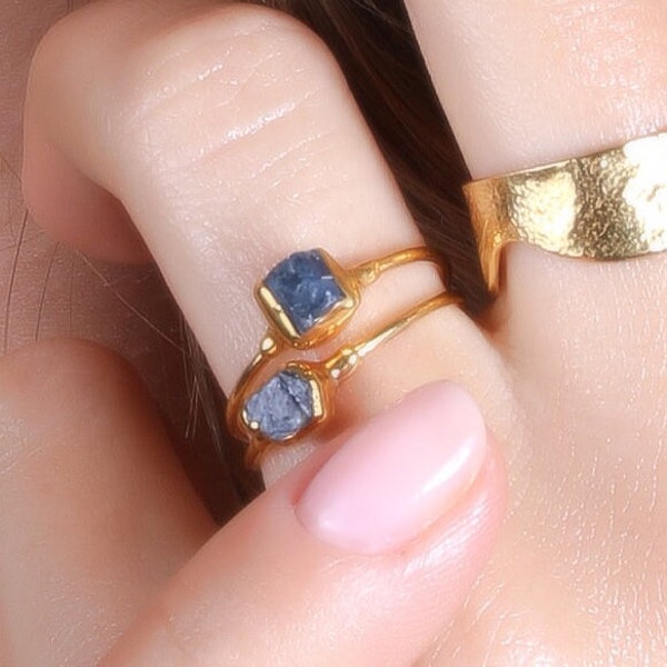 Dainty Raw Sapphire Ring • Gold Fill • Unique Gemstone Ring • September Birthstone • Witchy Fall Crystal Jewelry • 24k Dip • Blue Stone Ring