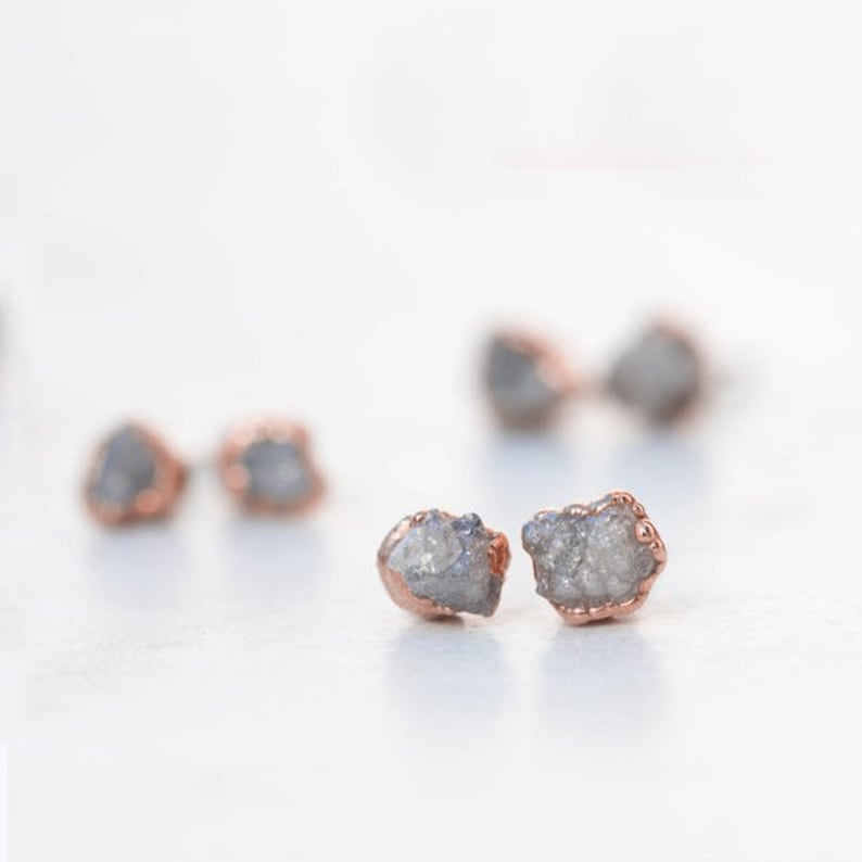 Raw Diamond Earrings, Dainty Earrings, Sterling Silver Earrings, Diamond Stud Earrings, Raw Crystal Earrings, April Birthstone Earrings Rose gold