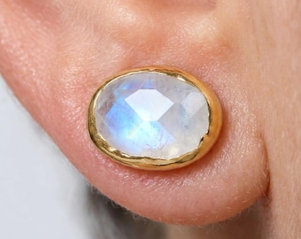 Rainbow Moonstone Stud Earrings - 24k Gold Filled