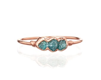 Triple Raw Blue Diamond Ring, Rose Gold Ring, Raw Diamond Ring, Gemstone Ring, Raw Stone Ring, April Birthstone Ring, Blue Gift for Women