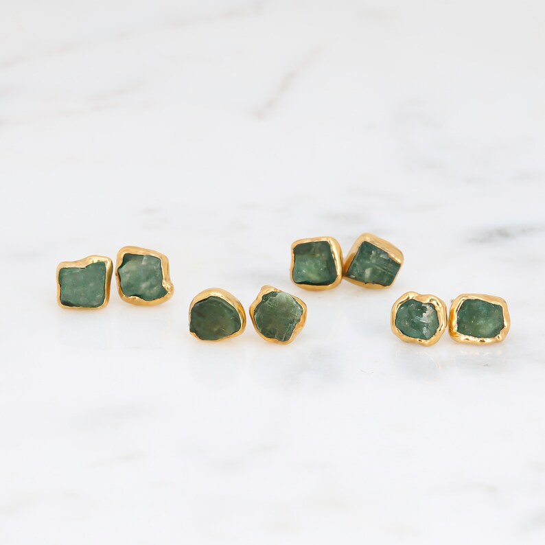 Mini Raw Emerald Earrings, Rose Gold May Birthstone Studs, Raw Crystal Earrings, Emerald Studs, Boho Earrings, Dainty Gold Stud Earrings Gold