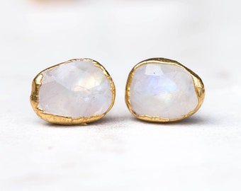 Rainbow Moonstone Earring Studs • June Birthstone • Gold Filled • Handmade Fall Jewelry • Whimsigoth • Raw Gemstone • 24k Dip • Handmade