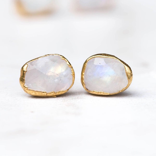 Rainbow Moonstone Earring Studs • June Birthstone • Gold Filled • Handmade Fall Jewelry • Whimsigoth • Raw Gemstone • 24k Dip • Handmade