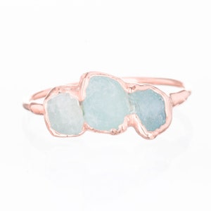 Triple Raw Aquamarine Ring for Women, Rose Gold Ring, Dainty Ring, Delicate Ring, March Birthstone Ring, Raw Crystal Ring, Raw Stone Ring