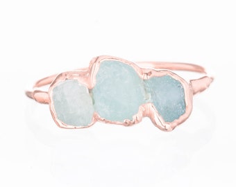 Triple Raw Aquamarine Ring for Women, Rose Gold Ring, Dainty Ring, Delicate Ring, March Birthstone Ring, Raw Crystal Ring, Raw Stone Ring