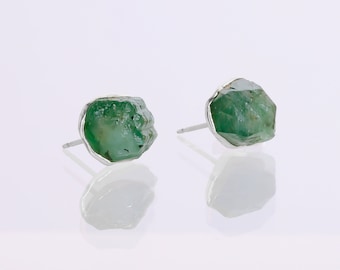 Raw Emerald Earrings • Silver Studs • May Birthstone • Raw Crystal Earrings • Genuine Natural Emerald • Antique Style Handmade Jewelry
