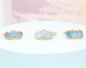 Triple Raw Aquamarine Ring for Women  • Gold Filled • Dainty March Birthstone Ring • Handmade Jewelry • Chunky Raw Gemstone • Handmade