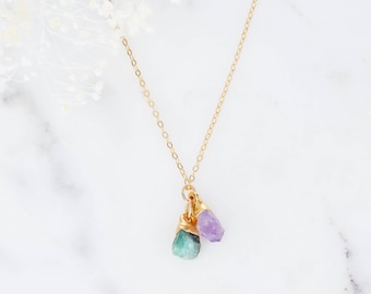 Benutzerdefinierte rohe Geburtsstein Halskette • Mutter von 2 • Einzigartiges Muttertagsgeschenk • Natürliche Kinder Geburtsstein Familien Halskette • Boho Rohedelstein