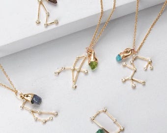 Gold Fill Geburtsstein Sternzeichen Halskette • Astrologie Geschenk • Personalisierter Kristall Schmuck • Fische Taurus Gemini Virgo Libra Skorpion Schütze