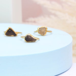 Raw Smoky Quartz Ring Gold Filled Unique Wedding Gift January Birthstone Cognac Quartz Witchy Fall Crystal Jewelry 24k Dip image 5