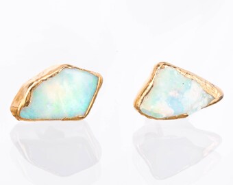 Raw Opal Earrings, Opal Stud Earrings, Raw Crystal Earrings, Dainty Earrings, Delicate Earrings, Boho Earrings, October Birthstone Earrings