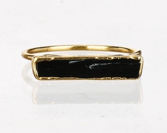 Raw Black Tourmaline Bar Ring • Gold Filled • Goth Ring for Women • Whimsigoth Black Stone • Protection Crystal • 24k Gold Dip • Ringcrush