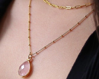 Two Layered Necklace Set • Genuine Rose Quartz • Gold Filled Necklace • Paper Clip Necklace Choker • January Birthstone • Handmade Jewelry