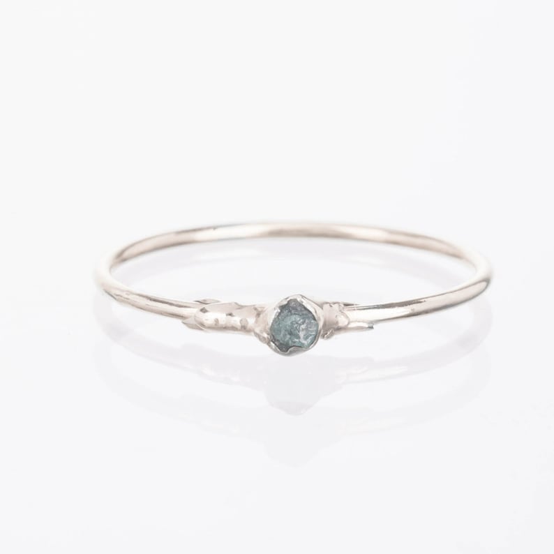 Raw Blue Diamond Ring, Sterling Silver Diamond Ring, April Birthstone Ring, Dainty Ring, Thin Delicate Ring, Raw Stone Ring, Minimalist Ring 