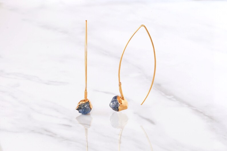 Edgy Raw Sapphire Earrings for Women, Gold Statement Earrings, Unique Gift for Her, September Birthstone, Dangle Earrings, Sapphire Jewelry 