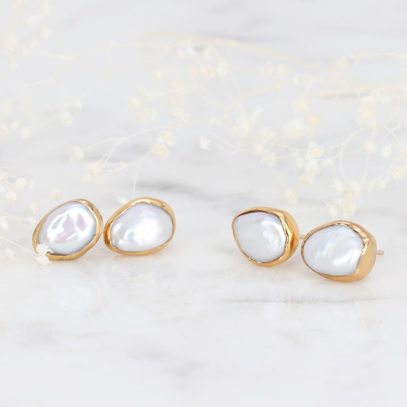 Large Raw Pearl Earring by Ringcrush Baroque Pearl Studs Gold Fill June Birthstone Real Natural Freshwater Pearls Bridal Earrings image 3