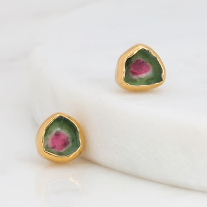 Dainty Raw Watermelon Tourmaline Earrings • Evil Eye • Gold Earrings for Women • Tourmaline Stud Earrings • Raw Stone Jewelry • 24k Dip