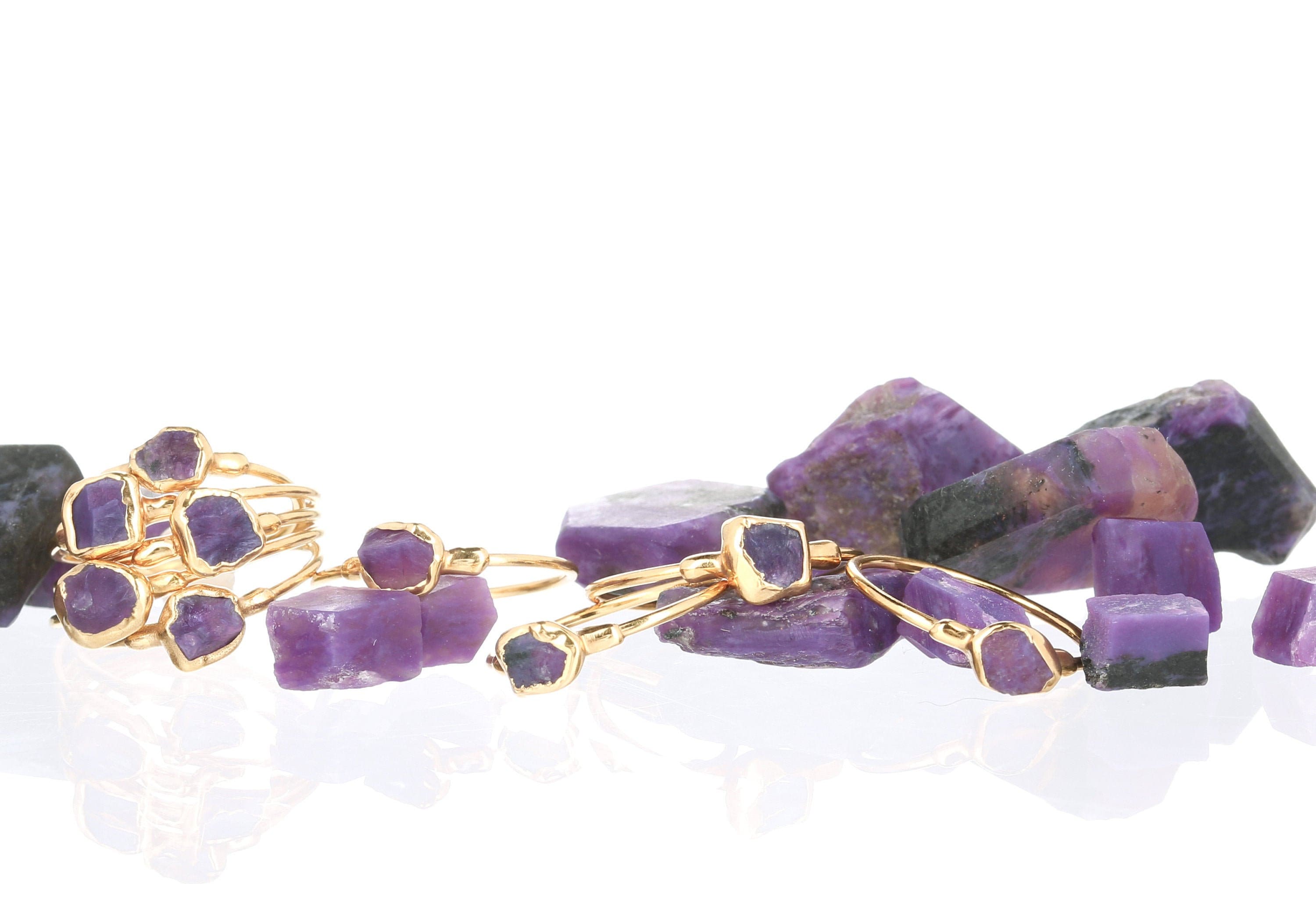 Dainty Raw Charoite Ring - 24k Gold Dipped