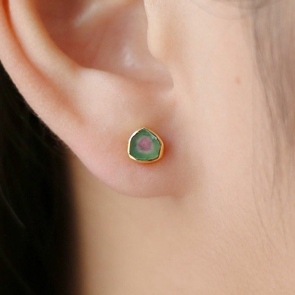 Dainty Raw Watermelon Tourmaline Earrings, 24k Gold Filled
