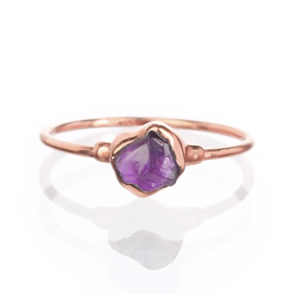 Dainty Raw Amethyst Ring • Rose Gold Filled • Dainty Gemstone Crystal • Whimsigoth Summer Aesthetic • February Birthstone • Handmade Item