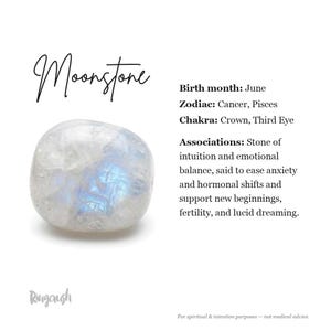 Ringcrush moonstone stone card with a milky white stone showing blue flash, June birthstone, Cancer and Pisces